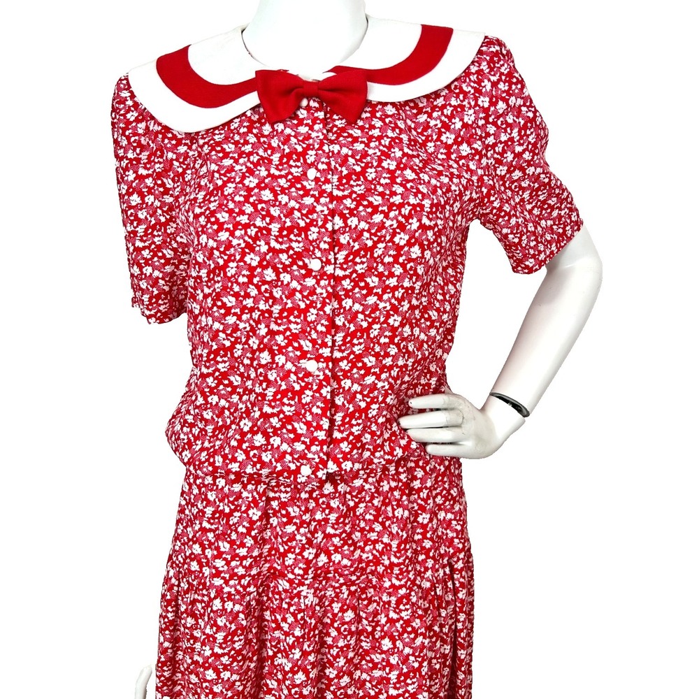 Vintage Patty ONeil Cottagecore Midi Dress M Red Floral Bow Peter Pan Collar EUC - Picture 3 of 14